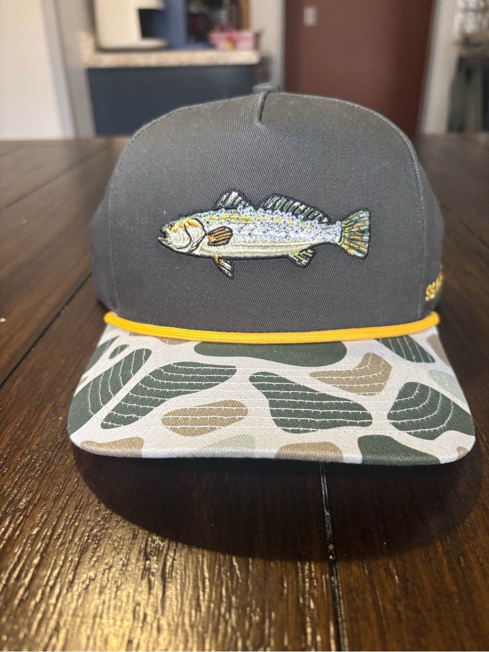 Gray & Green Fish Patch Trucker Hat with Yellow Trim